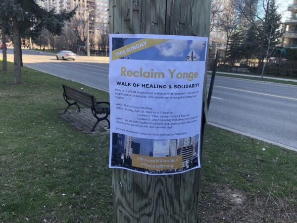 A poster in Toronto on April 29, 2018 near the site of the April 23 van attack, about an event to commemorate the victims of the tragedy. (Omid Ghoreishi/The Epoch Times)