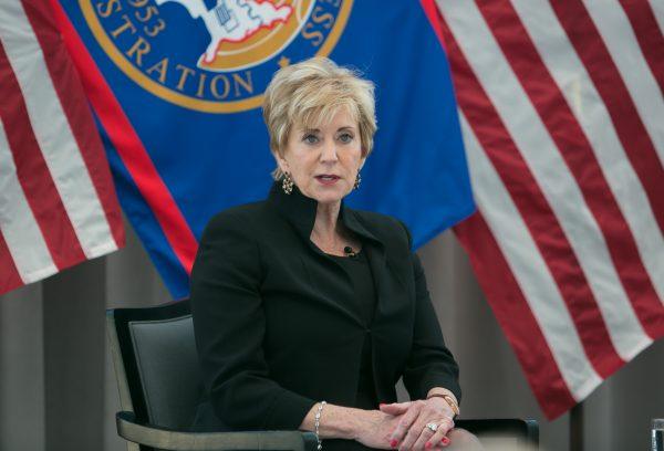 Small Business Administrator Linda McMahon speaks at the National Small Business Week awards ceremony in Washington on Apr. 29, 2018. (Lisa Fan/The Epoch Times)