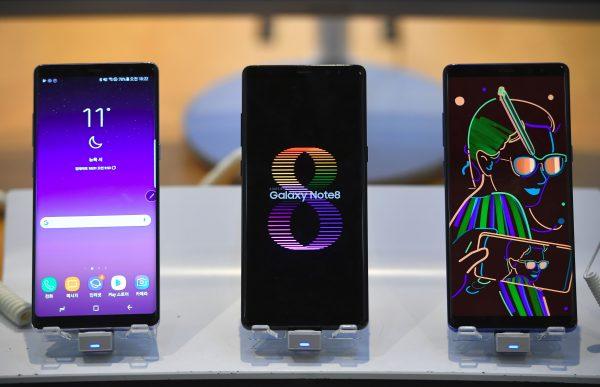 Samsung Galaxy Note8 smartphones are displayed at the company's showroom in Seoul on Oct. 31, 2017. (Jung Yeon-Je/AFP/Getty Images)