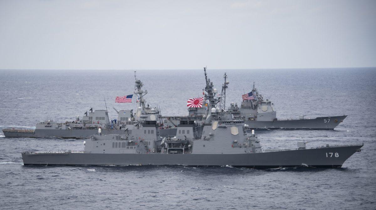 Japan Maritime Self-Defense Force destroyer JS Ashigara (DDG 178), foreground, the Arleigh Burke-class destroyer USS Wayne E. Meyer (DDG 108), and the Ticonderoga-class cruiser USS Lake Champlain (CG 57) transit the Philippine Sea on April 28, 2017. (U.S. Navy photo by Mass Communication Specialist 2nd Class Z.A. Landers)