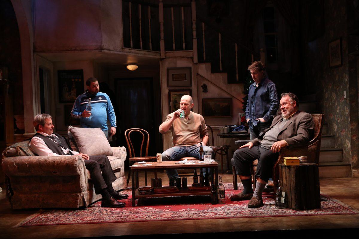 (L–R) Matthew Broderick, Michael Mellamphy, Andy Murray, Tim Ruddy, and Colin McPhillamy, as they appear in "The Seafarer." (Carol Rosegg)