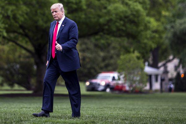 U.S. President Donald Trump arrives at the White House South Lawn after a trip to Cleveland, Ohio, on May 5, 2018. (Zach Gibson/Getty Images)