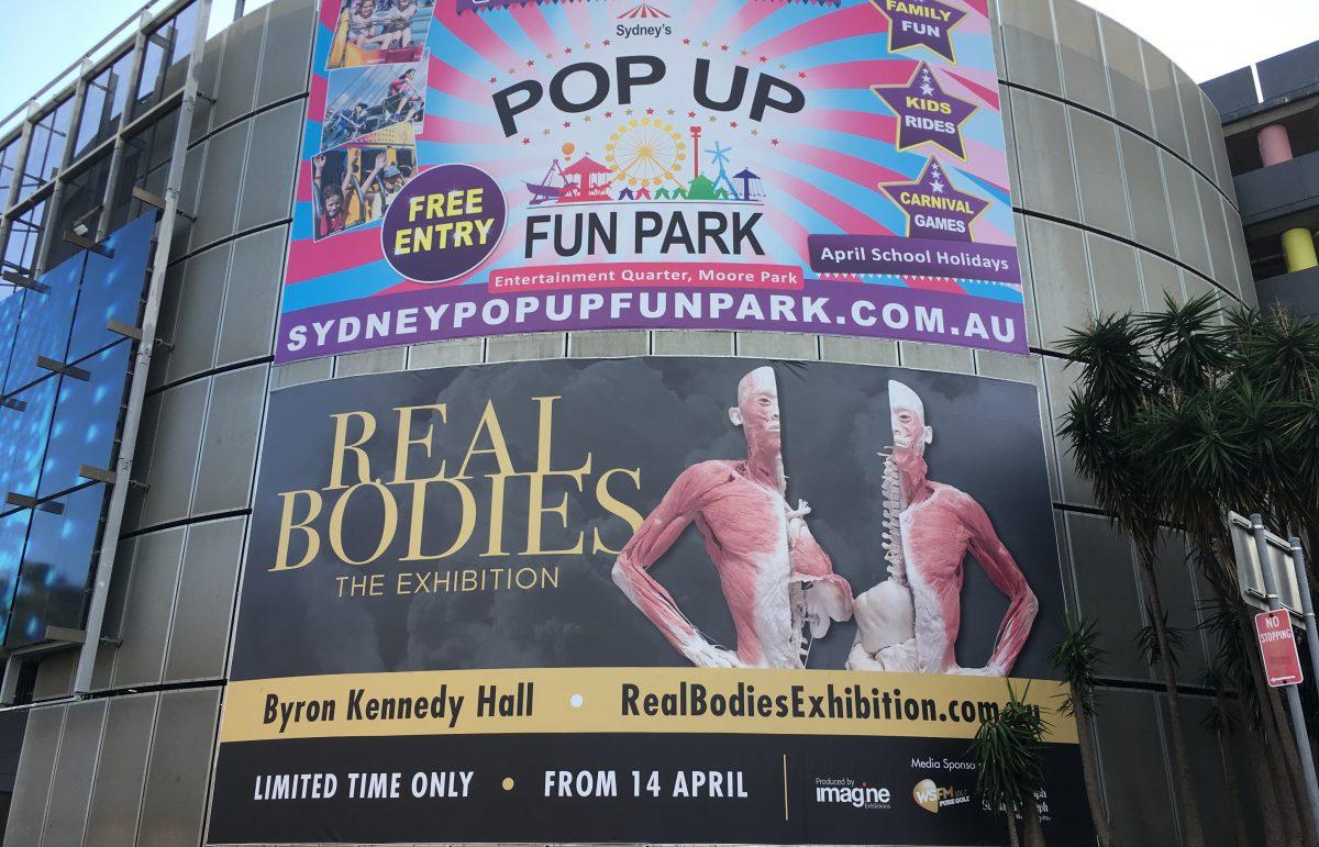 Real Bodies: The Exhibition opened to the public in Sydney, Australia, on April 14, 2018, with protestors gathering out the front of the venue to voice their concerns over the sourcing of the real human corpses on display. (Melanie Sun/The Epoch Times)