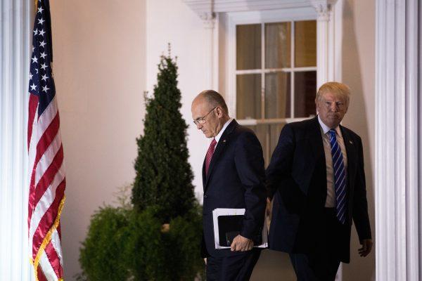 (L to R) Andrew Puzder exits after his meeting with then-president-elect Donald Trump at the Trump International Golf Club in Bedminster Township, New Jersey, on November 19, 2016. (Drew Angerer/Getty Images)