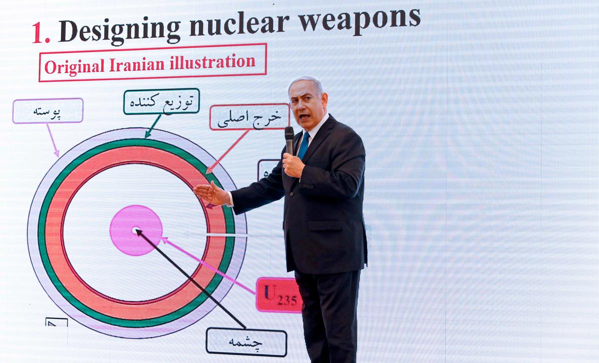 Israeli Prime Minister Benjamin Netanyahu delivers a speech on Iran's nuclear program at the defense ministry in Tel Aviv on April 30, 2018. (JACK GUEZ/AFP/Getty Images)