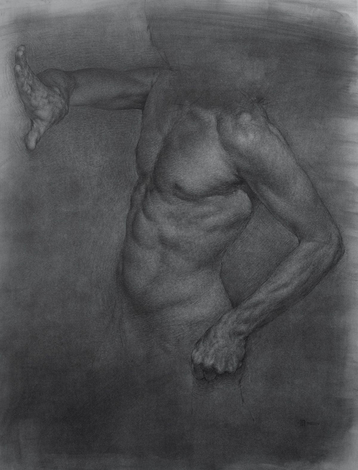  "Push and Pull" by M. Tobias Hall. Graphite and charcoal on paper, 13 inches by 13 inches. (The Florence Academy of Art–U.S.)