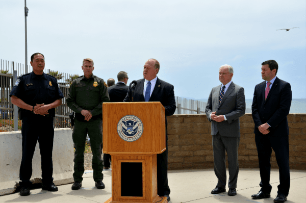 ICE Deputy Director Tom Homan speaks to media at Border Field State Park, San Diego, next to the fence separating the United States and Mexico, on May 7, 2018. (Sophia Fang for The Epoch Times)