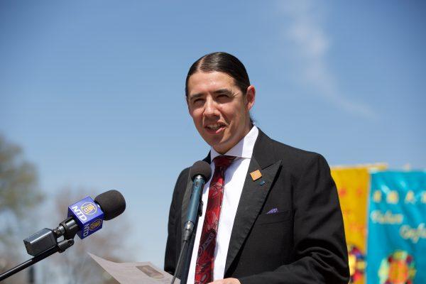 Liberal MP Robert-Falcon Ouellette addresses the crowd celebrating the Falun Dafa Day on the Parliament Hill in Ottawa on May 9. (Evan Ning/The Epoch Times)