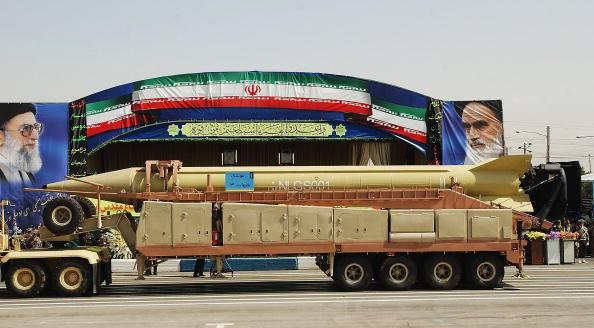 A Shahab-3 ballistic missile is displayed as Iranian military forces launch "Sacred Defense Week" with a show of force south of Tehran on September 22, 2003 in Tehran, Iran. (Photo by Scott Peterson/Getty Images)