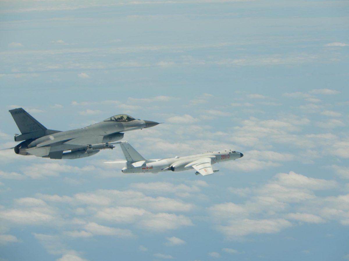 Taiwanese Air Force F-16 fighter jet flies alongside a Chinese People's Liberation Army Air Force H-6K bomber in the western Pacific, one of the Chinese military aircraft that reportedly flew over Bashi Channel and Miyako Strait near Japan’s Okinawa island chain on May 11, 2018. (Taiwan ROC Air Force)