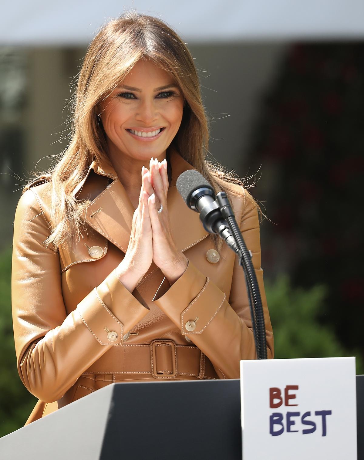 U.S. first lady Melania Trump speaks in the Rose Garden of the White House in Washington, D.C., on May 7, 2018. (Win McNamee/Getty Images)