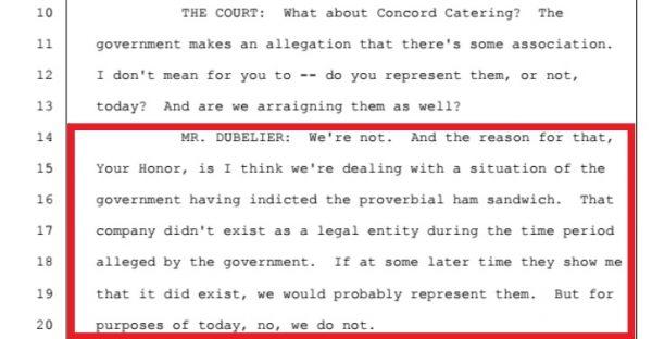 An excerpt from a court transcript of initial appearance and arraignment of Concord Management and Consulting on May 9, 2018.