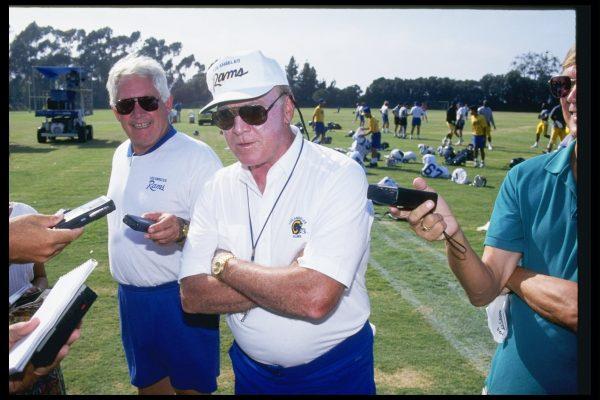 Los Angeles Rams head coach Chuck Knox looks on during training camp at UC Irvine in Irvine, Calif., on July 28, 1994. (Stephen Dunn /Allsport)
