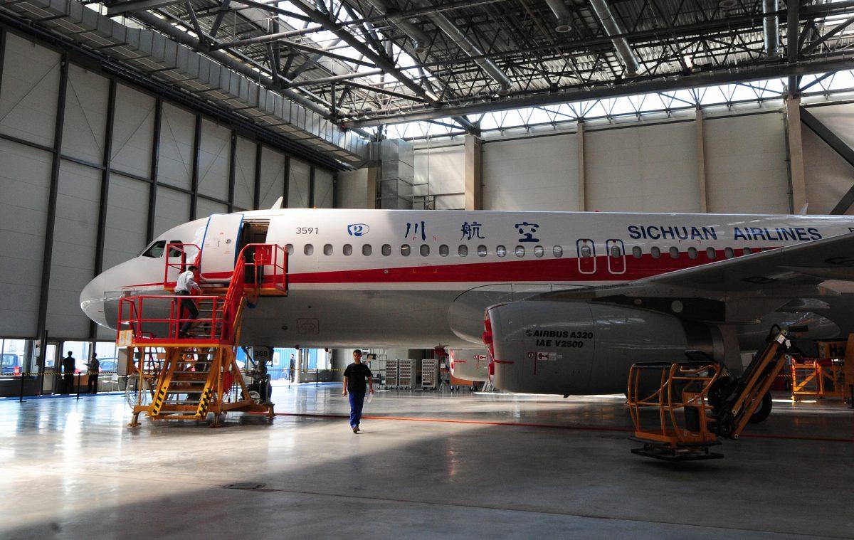 A Sichuan Airlines A320 jet inside a hangar at the Airbus Tianjin factory in Tianjin City, northern China on April 21, 2009. (Frederic J. Brown/AFP/Getty Images)