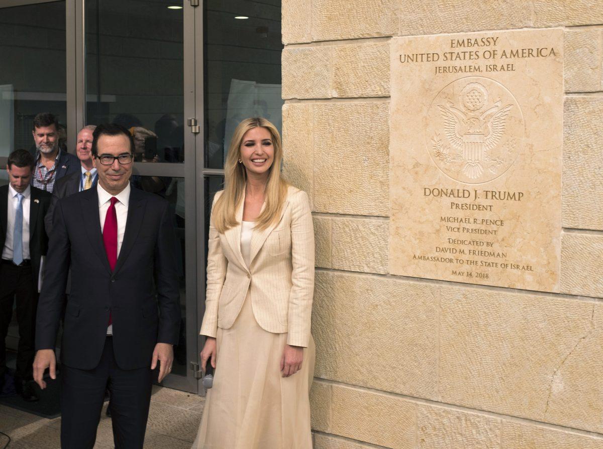 White House senior advisor Ivanka Trump and U.S. Treasury Secretary Steven Mnuchin arrive to the opening of the U.S. embassy in Jerusalem on May 14, 2018, in Jerusalem, Israel. U.S. President Donald J. Trump's administration officially transferred the ambassador's offices to the consulate building and will temporarily use it as the new U.S. Embassy in Jerusalem.  (Lior Mizrahi/Getty Images,)