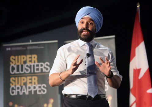 Navdeep Bains, Minister of Innovation, Science and Economic Development announces proposals under the $950-million Innovation Superclusters Initiative in Ottawa on Feb. 15. (The Canadian Press/Fred Chartrand)