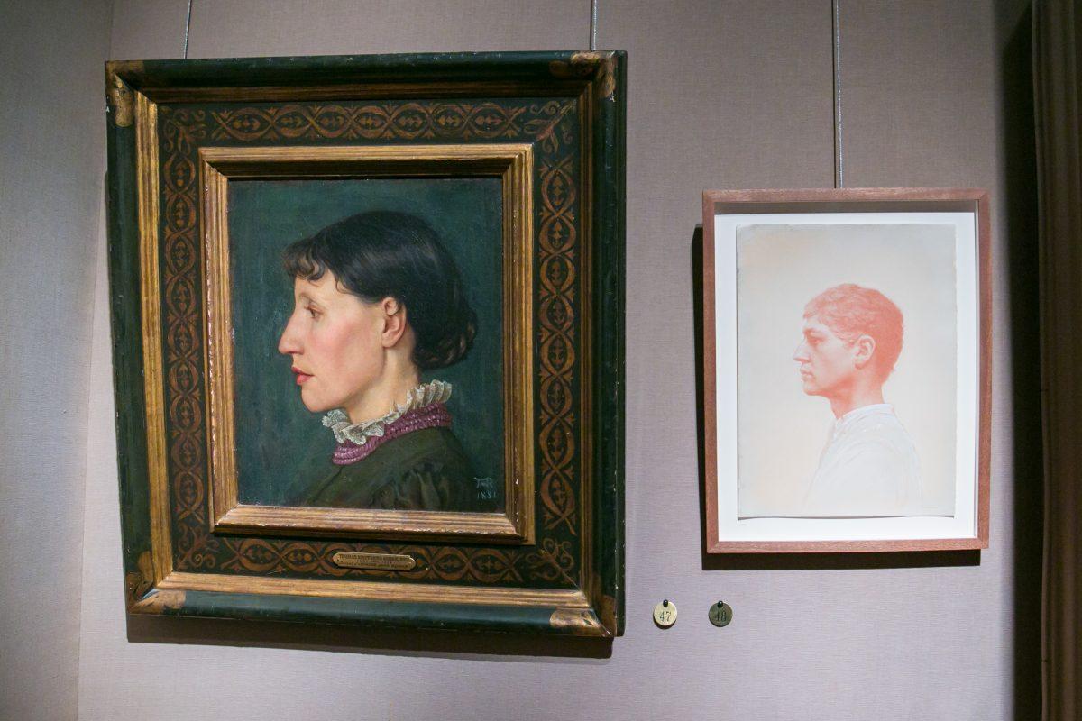 "Portrait of Leonora Jane Rooke, the Artist's Wife" (L) by Thomas Matthews Rooke (b. 1842) and "Self-Portrait in Profile" by Edward Minoff (b. 1972) at the Robert Simon Fine Art gallery on May 10, 2018. (Milene Fernandez/The Epoch Times)
