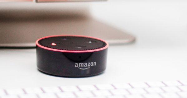 An undated photograph of an Amazon Echo smart speaker that uses Amazon's digital voice assistant Alexa.