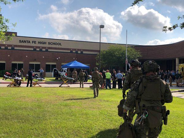 Law enforcement officers are responding to Santa Fe High School following a shooting incident in this Harris County Sheriff office, Santa Fe, Texas on May 18, 2018. (HCSO/Handout via REUTERS)