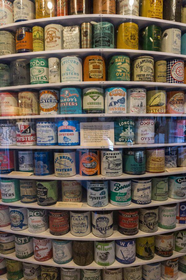 Collectible history: Oyster cans, displayed here at the Chesapeake Bay Maritime Museum, can be worth thousands of dollars. (Crystal Shi/The Epoch Times)