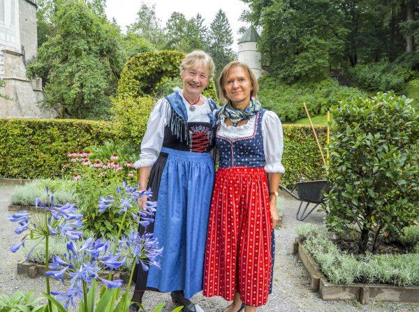 My guide Monica (R) and her friend dressed in traditional clothing at the Ambras Castle gardens.(Mohammad Reza Amirinia)