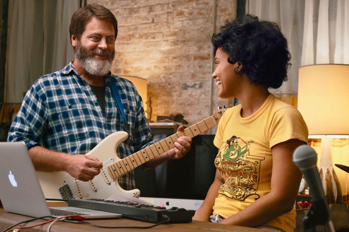 Frank (Nick Offerman) and Sam (Kiersey Clemons) as father and daughter musicians in “Hearts Beat Loud.” (Gunpowder and Sky)