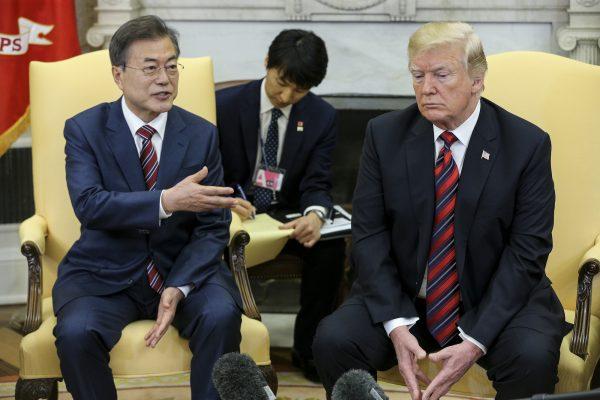 South Korean President Moon Jae-in speaks as President Donald Trump listens during a meeting at the White House on May 22, 2018. (Oliver Contreras-Pool/Getty Images)