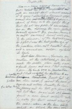 Manuscript page from the draft of “Frankenstein,” reading, "It was on a dreary night of November that I beheld my man completed. ..." (Public Domain)