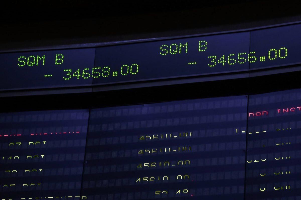 Monitors display the values of shares of SQM (Chemical and Mining Society of Chile) at Santiago’s stock exchange on May 17, 2018. China’s Tianqi Lithium has agreed to acquire a 24 percent stake in Chile’s SQM, one of the world’s largest lithium producers, in a deal worth C$4.07 billion. (Claudio Reyes/AFP via Getty Images)
