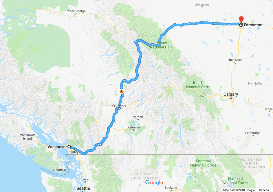 The proposed Trans Mountain Pipeline route from Alberta to the West Coast. (Google Maps)