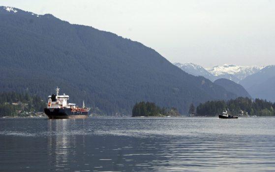 The Kirkeholmen oil tanker anchored outside the Kinder Morgan Inc. Westridge oil terminal in Vancouver at the end of the Trans Mountain pipeline that begins in northern Alberta on May 3, 2018. (AP Photo/Jeremy Hainsworth)