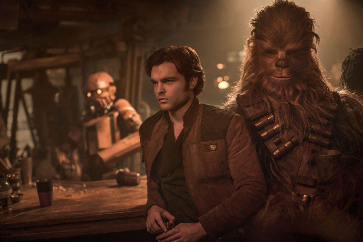 Alden Ehrenreich as Han Solo (L), in a rare, non-smirking moment, and Joonas Suotamo as Chewbacca, in "Solo: A Star Wars Story." (Lucasfilm/Walt Disney Pictures)