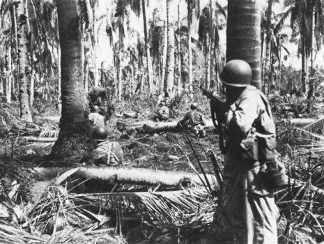 U.S. Marines move toward an enemy machine gun position on Leyte during World War II in 1944. (Public Domain)