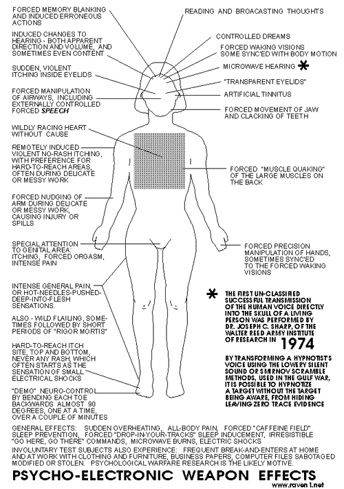 A chart details various effects of electromagnetic frequency attacks on the human body. (Washington State Fusion Center)