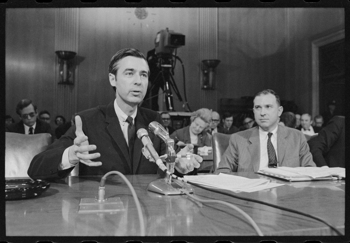Fred Rogers testifying before the United States Senate in the film “Won’t You Be My Neighbor,” a Focus Features release. (Robert Lerner/Library of Congress/Focus Features)