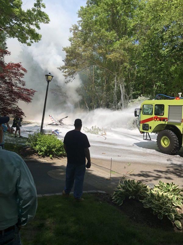 A small, vintage plane crashes in Long Island on May 30, 2018. (Lauren Peller via Storyful)