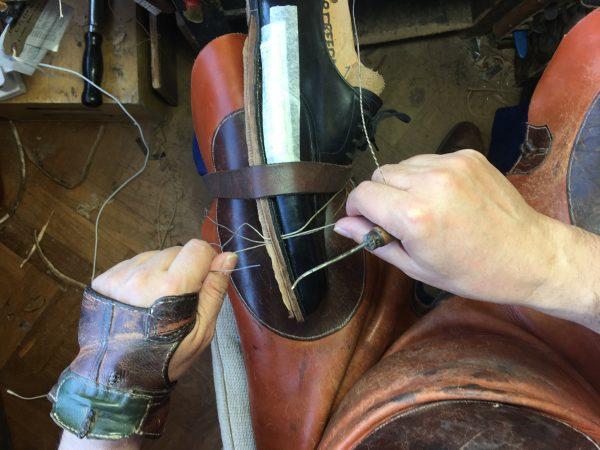 Stitching the soles. Everything is natural, using old techniques to tan the leather. (Courtesy of Mariano Palencia Crespo)