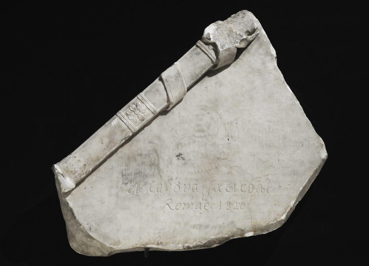 Fragment of "George Washington" (base and signature), 1818–20, by Antonio Canova (1757–1822). Marble, 16 1/2 inches by 25 inches by 4 3/4 inches, The North Carolina Museum of History, Raleigh, N.C. (North Carolina Museum of History)