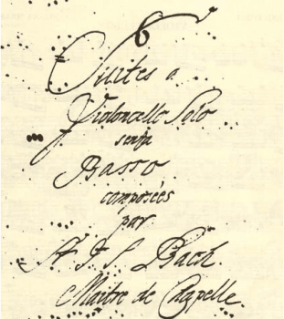 Detail of title page of Anna Magdalena Bach's copy of the cello suites – Cello Suite No. 1. (Public Domain)