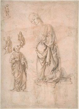 “Sketches of Figures of the Virgin Kneeling,” attributed to Francesco di Simone Ferrucci (1437–1493). Pen and brown ink, over leadpoint or black chalk, on rose-washed paper. Bequest of Walter C. Baker, 1971. (The Metropolitan Museum of Art)