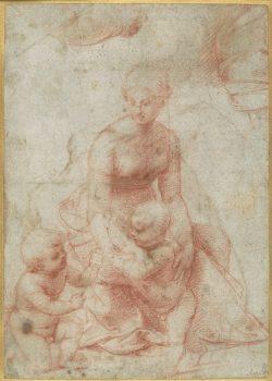 “Madonna and Child With the Infant Saint John the Baptist” by Raffaello Sanzio da Urbino (1483–1520). Red chalk (recto); pen and brown ink. Rogers Fund, 1964. (The Metropolitan Museum of Art)