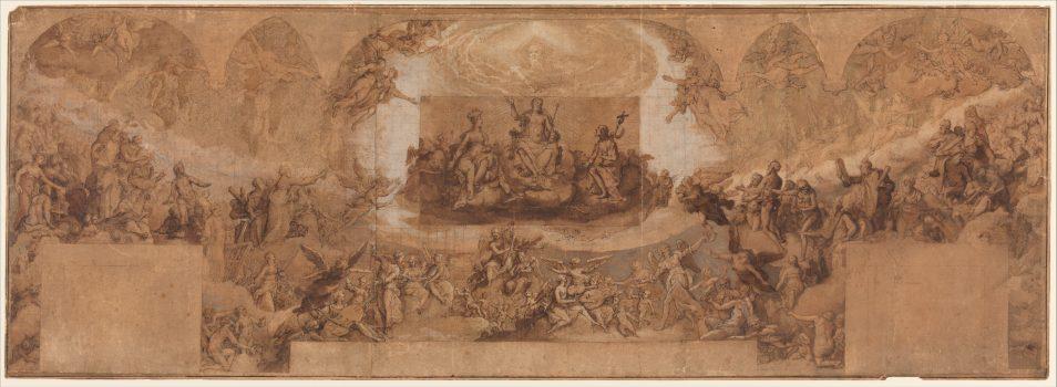 “Paradise” by Federico Zuccaro (1540/42–1609). Pen and brown ink, brush and brown wash, watercolor, gouache, highlighted with white gouache, left and central sections squared in red chalk, on three sheets of brown paper, joined vertically. A piece of brown paper with figures of Christ, the Virgin, and St. John the Baptist has been affixed at the center of the drawing. Rogers Fund, 1961. (The Metropolitan Museum of Art)