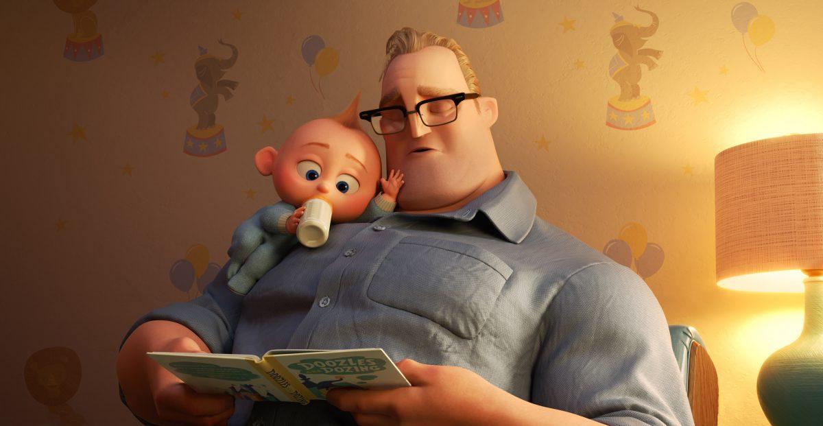 Baby Jack-Jack (voiced by Eli Fucile) and his dad, Bob (voiced by Craig T. Nelson), in “Incredibles 2.” (Disney/Pixar)