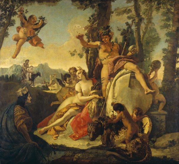 “Bacchus and Ariadne,” circa 1743–45, by Giovanni Battista Tiepolo, prior to conservation treatment. Oil on canvas 84 inches x 91 1/4 inches. (National Gallery of Art, Washington Timken Collection)