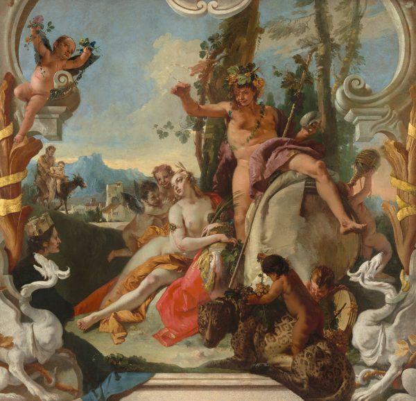 “Bacchus and Ariadne,” circa 1743–45, by Giovanni Battista Tiepolo, following conservation treatment. Oil on canvas 84 inches x 91 1/4 inches. (National Gallery of Art, Washington, Timken Collection)