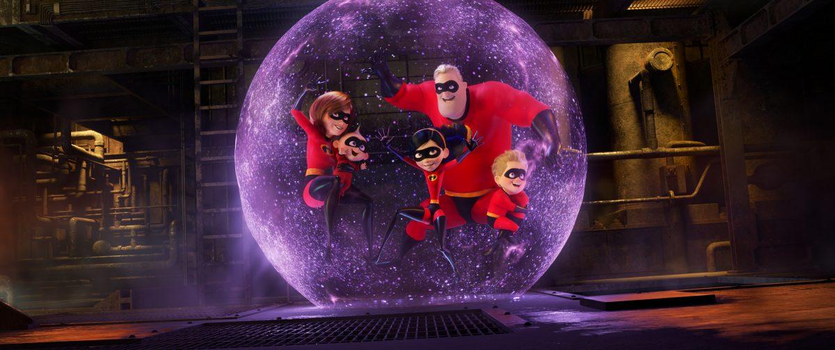 (L–R) Helen aka Elastigirl (voiced by Holly Hunter), Baby Jack-Jack (voiced by Eli Fucile), Violet (voiced by Sarah Vowell), Bob (voiced by Craig T. Nelson), and Dash (voiced by Huck Milner), in “Incredibles 2.” (Disney/Pixar)