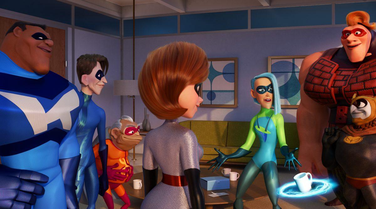 Helen aka Elastigirl (C), and a fresh batch of superhero talent, in “Incredibles 2.” (Disney/Pixar)