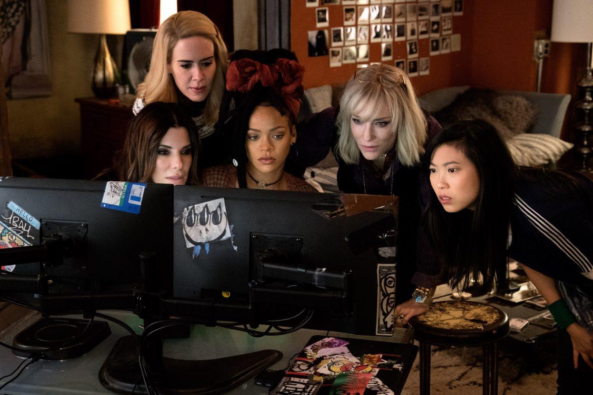 (L–R) Sandra Bullock, Sarah Paulson, Rihanna, Cate Blanchett, and Awkwafina in “Ocean's 8.” (Barry Wetcher/Warner Bros. Pictures/Village Roadshow Pictures)