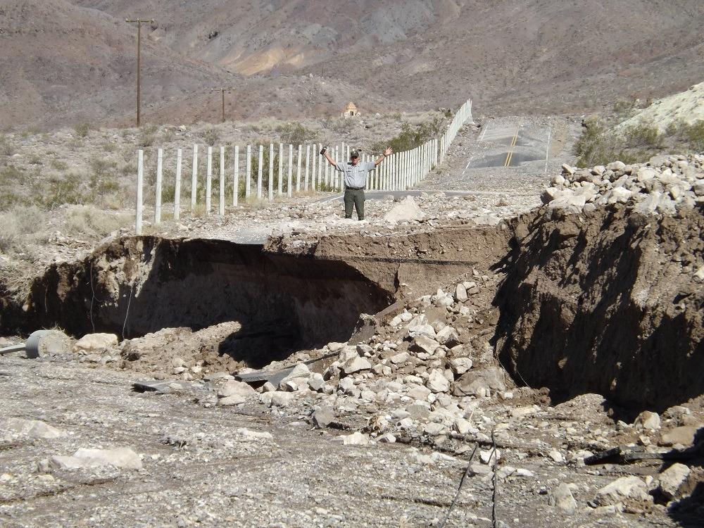 The aftermath of floodwaters that cut through the North Road near Scotty's Castle in Death Valley National Park, California, in 2015. (National Park Service)