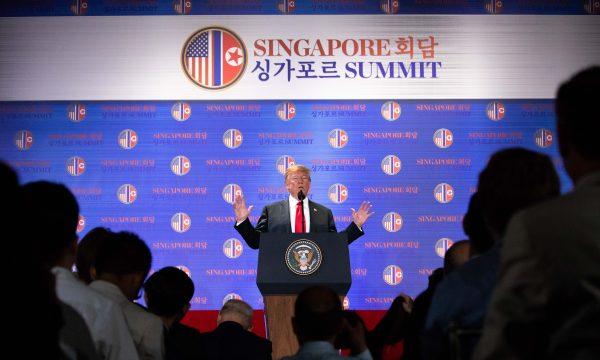 President Donald Trump holds a press conference directly following the summit with North Korean leader Kim Jong Un on Santosa Island in Singapore on June 12, 2018. (Samira Bouaou/The Epoch Times)